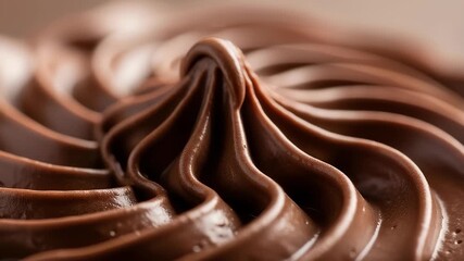 Delicious dark chocolate frosting texture, a close-up shot featuring smooth swirls and rich color