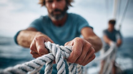 Sailor's hands pulling a rope on a sailboat, navigating the open ocean