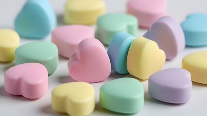 A collection of colorful pastel heart-shaped candies with romantic messages like "Love You", "Be Mine", and "Kiss", perfect for Valentine's Day celebration and romantic themes.