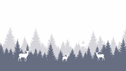Fototapeta premium Silhouetted Winter Forest with Deer: Serene and Minimalist Wildlife Illustration