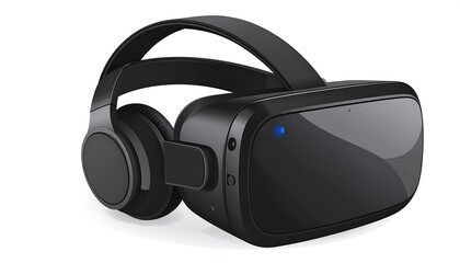 Rendered image of a black virtual reality headset with integrated headphones, depicted from a 3/4 angle on a plain white background