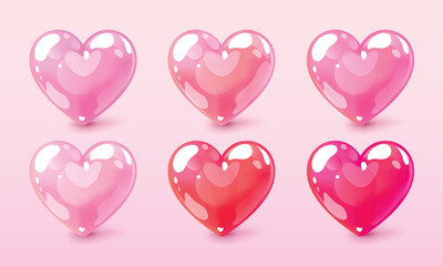 Collection of liquid 3d hearts. Love symbol icon set. Gradient heart shape vector illustration.