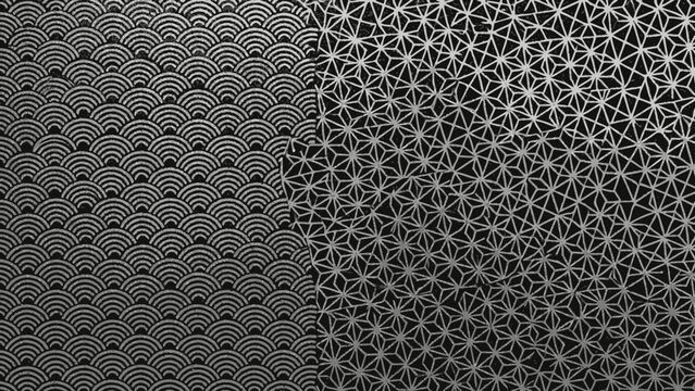 Elegant Japanese patterns composition, featuring seigaiha waves and asa no ha hemp