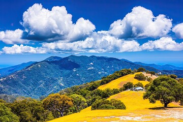 Obraz premium Golden hillside and green mountains under bright, cloudy skies