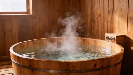 Wooden hot tub with steaming water in cozy spa interior