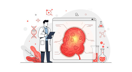 Illustrative doctor analyzing kidney disease, medical innovation and scientific research for