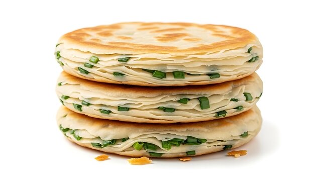 A stack of three golden-brown Chinese scallion pancakes, also known as cong you bing, with visible green onion pieces, isolated on a white background.