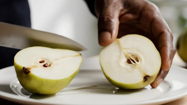 Slicing fresh pear: hands carefully cutting juicy fruit on white plate