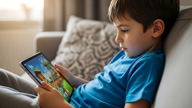 ソファでの少年 タブレットの明るい光に集中して遊ぶ