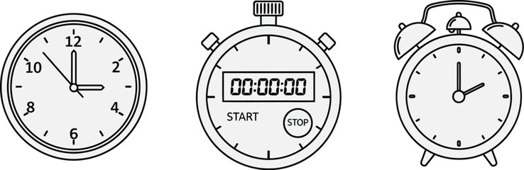 Three different timekeeping devices in a linear arrangement on transparent background silhouette