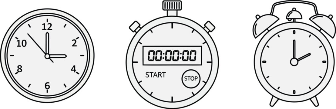 Three different timekeeping devices in a linear arrangement on transparent background silhouette