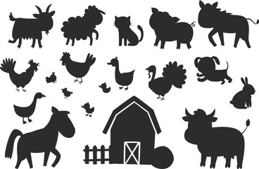 Vector cute farm animals. Silhouettes isolated on white background. Well suited for use in children's rooms, books, kindergarten and other kids design