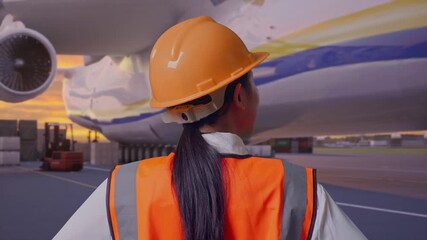 Close Up Back View Of A Female Engineer Wearing Safety Helmet Looking Around While Standing With Arms Akimbo at Airport with Massive Cargo Aircraft Loading Freight