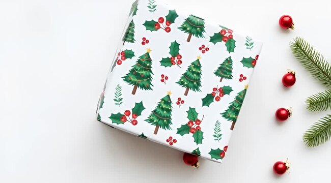 Wrapped gifts with pine branches and berries