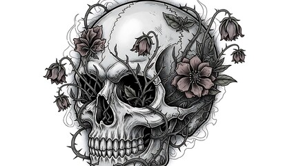 繊細な花と絡み合う頭蓋骨のモノクロイラストレーション