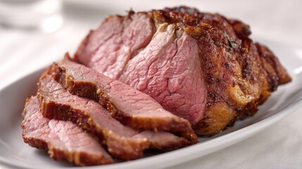 Thin, expertly cut slices of roast glisten with a rich, flavorful crust. Served on a white plate, they promise a delicious and tender bite. Ideal for any special meal or gathering