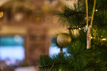 gold ornament with tassel on branch, hotel lobby styled for elegant holiday reception, soft bokeh lighting, polished surface