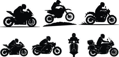    Motorcycle silhouettes, rider figures, sport bikes, cruiser pose, dirt bike jump, scooter icon, black vector art, touring style, helmeted rider, motion design © Saiful Islam
