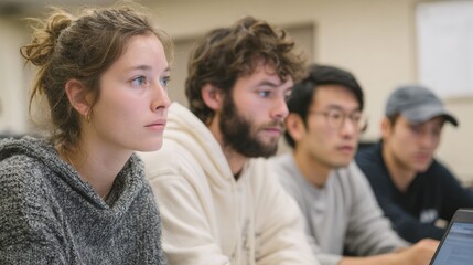 Fototapeta premium Group of four young people sitting in a classroom. they are all looking at a laptop screen and appear to be engaged in a discussion.