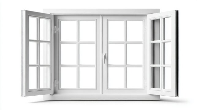 Open white window with two open sashes on a bright, clean white background