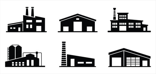 Obraz premium Collection of Six Black Factory Building Icons on White Background industry industrial