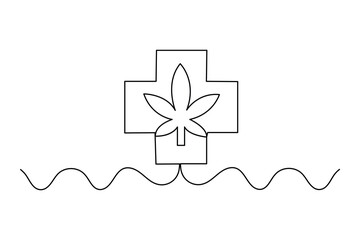 Medical cross with cannabis leaf one line drawing