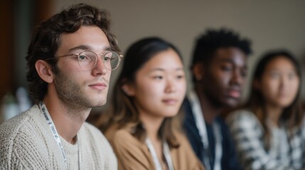 Fototapeta premium Group of four young people sitting in a row, looking off into the distance. the person in the front is a young man with curly hair and glasses, wearing a beige sweater.