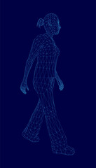 Fototapeta premium A woman walks confidently in a wireframe style against a solid blue background, showcasing motion and digital artistry.