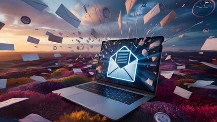 Laptop showing email icon with messages flying vibrant abstract digital landscape at dusk - Powered by Adobe