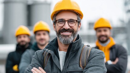 Smiling construction workers in hard hats looking at the camera