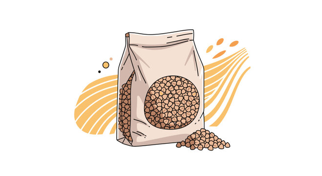 Paper bag filled with buckwheat grains with some loose seeds at the base and abstract wheat fields in the background illustration. - Powered by Adobe