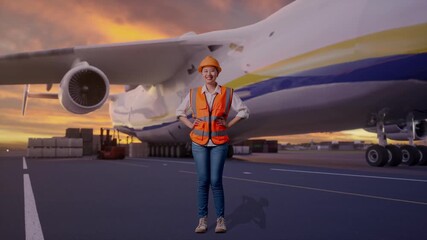 Full Body Of Asian Female Engineer Wearing Safety Helmet Looking At Camera While Standing With Arms Akimbo at Airport with Massive Cargo Aircraft Loading Freight