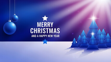 Merry christmas and happy new year greeting card with blue christmas tree