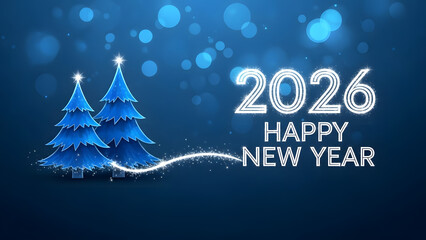 Happy new year 2026 greeting with blue christmas tree