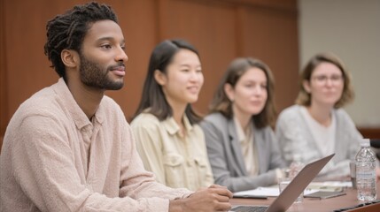 Fototapeta premium Group of four people sitting at a conference table with laptops in front of them. the person in the foreground is a young man with dreadlocks and a beard, wearing a beige sweater.