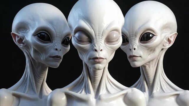 Three Alien Humanoids Posing Together in a Dark Studio Environment.