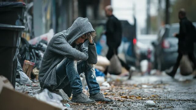 Person sitting alone in urban street