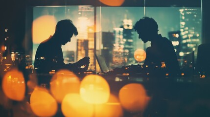 Nightly Synergy: Collaborating Against a Vibrant City Skyline Backdrop