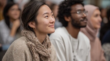 Fototapeta premium Group of people sitting in a room with a blurred background. in the foreground, there is a young woman with shoulder-length dark hair, wearing a beige sweater and a scarf.