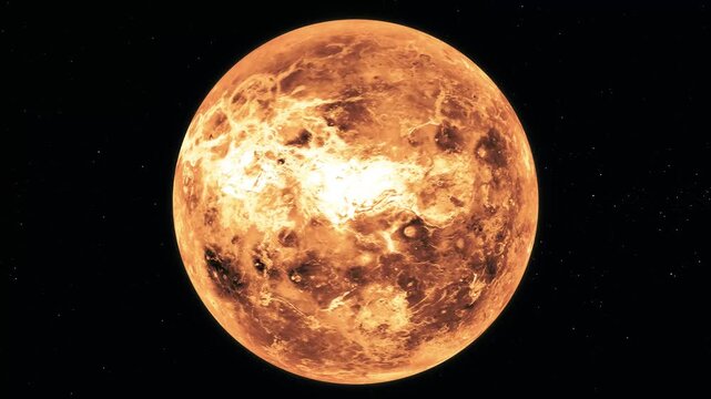 Detailed image of the planet Venus with a fiery, orange surface against a black space background