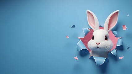 Fototapeta premium Fluffy White Easter Bunny Peeking Through Torn Blue Paper Hole Banner