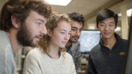 Group of four young people, two men and two women, standing in front of a computer monitor in a room with a high ceiling and large windows.