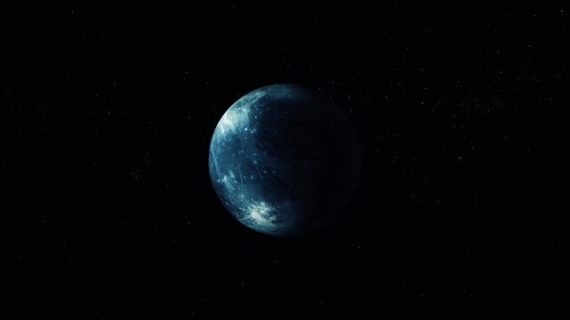 Glowing blue Pluto planet in space with a dark starry background