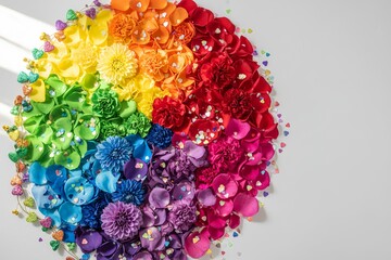 Colorful flower petals arranged in a rainbow pattern on background  