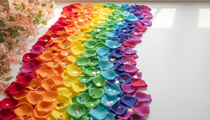 Colorful rainbow petals arranged on white surface with decor