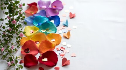 Colorful flower petals and hearts scattered on white background  