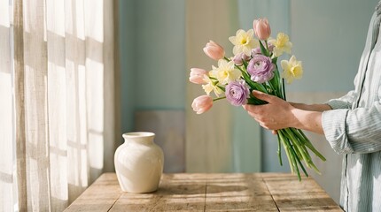 Woman holding a bouquet of flowers near a vase on wooden table  