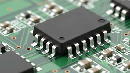 緑基板上の電子部品詳細なクローズアップ写真、鮮明な焦点とディテール