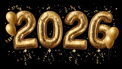 Golden Foil Balloons 2026 with Confetti and Stars for New Year Celebrations