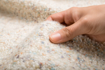 Soft hand gently touching beige boucle fabric texture showing intricate detail and quality material with cozy warm feeling for home decor inspiration and textile pattern background